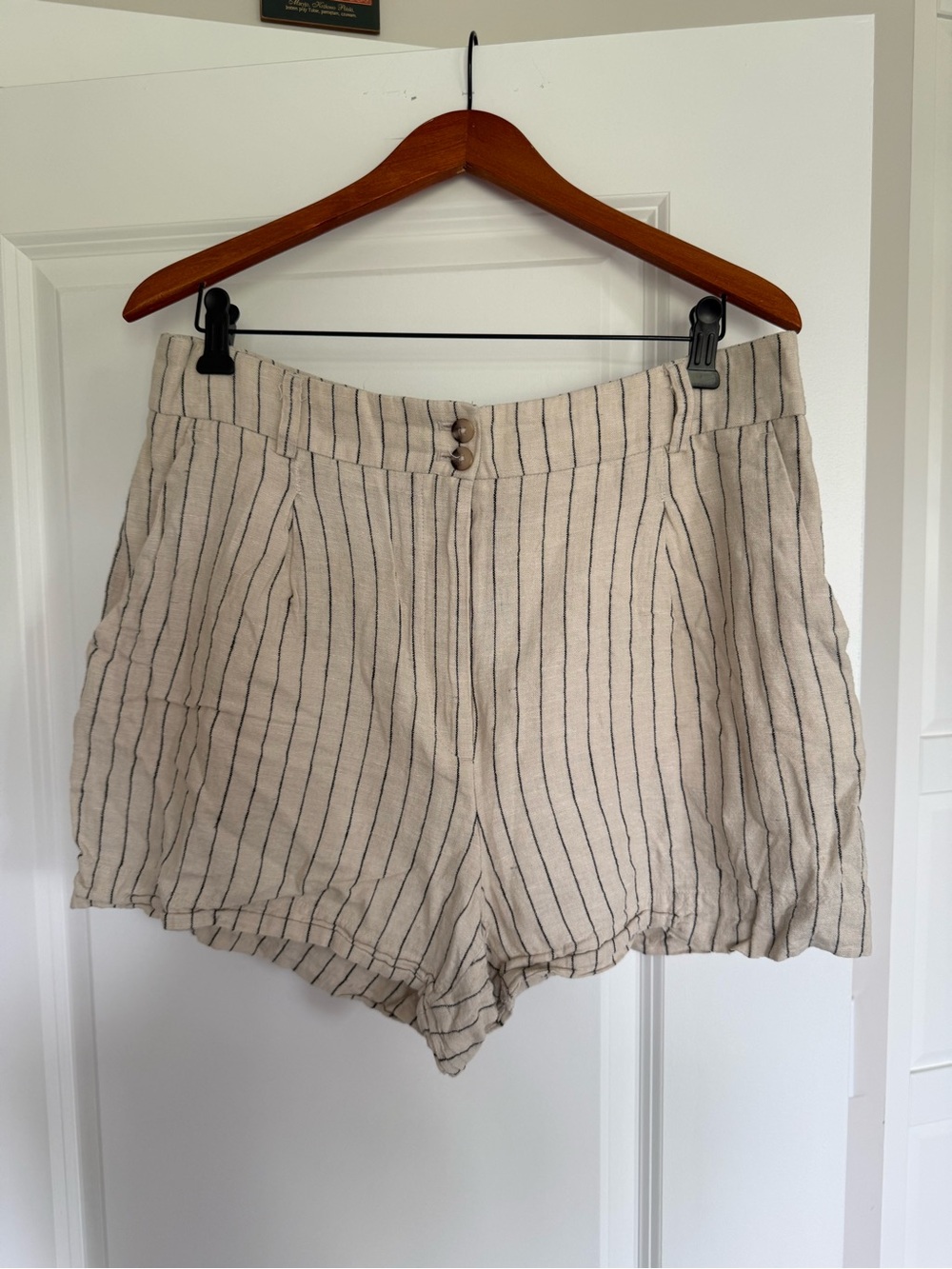Dynamite Cream Linen-Blend High-Waist Shorts with black Stripes